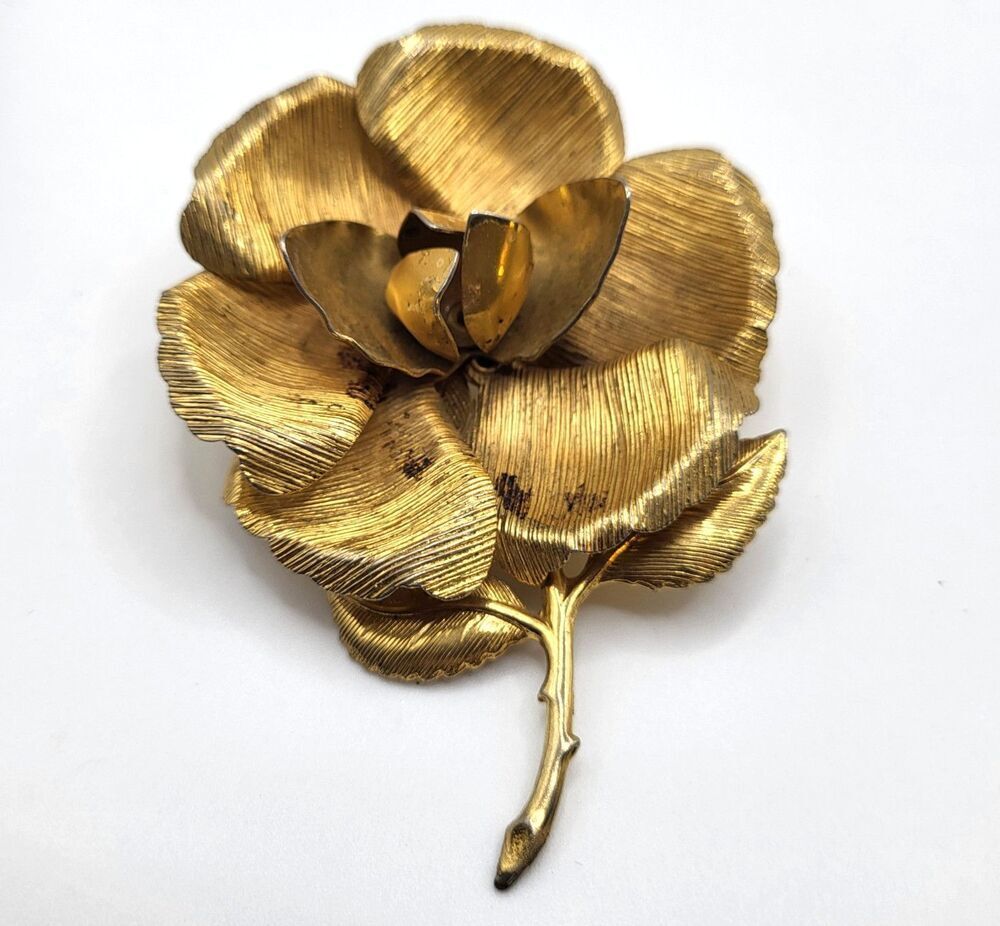 Vintage 1940s Large Goldtone Rose Brooch Pin 3.25in